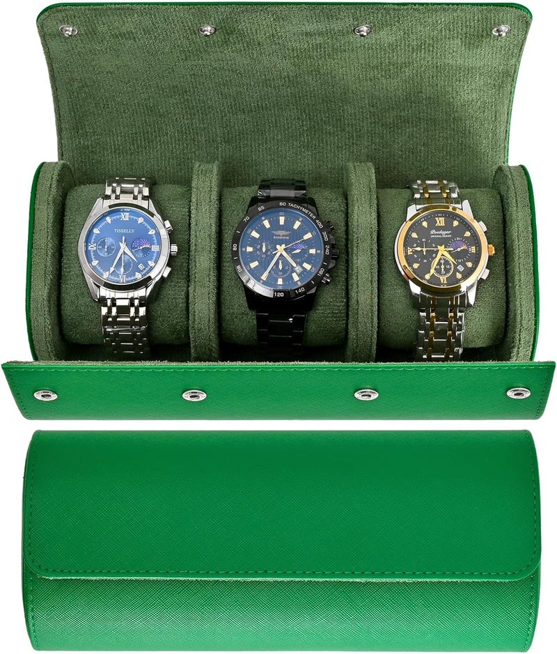 ROSELLE Watch Roll Travel Case for Men and Women- 3 Watch Storage and Organizer-Secure Storage with Innovative Removable Pillows & Solid Dividers for Home Storage, Travel and Display (Green Cross-3 Slot) - Image 1